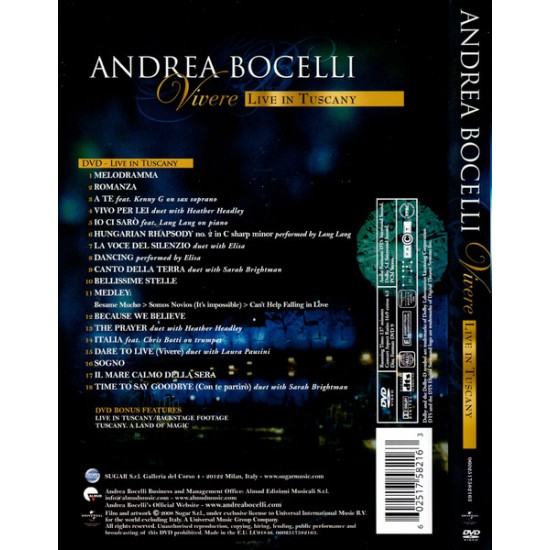 Dvd Andrea Bocelli, Vivere, Live In Toscany, 2008 Dvd Andrea Bocelli, Vivere, Live In Toscany, 2008