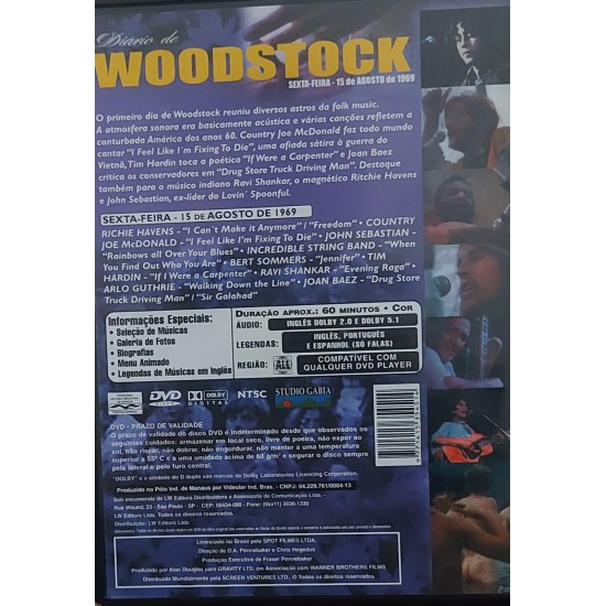 Dvd Diário de Woodstock, Sexta-Feira, 15 de Agosto de 1969, 11 Clássicos do Rock Destacando Joan Baez, Richie Havens, Country Joe